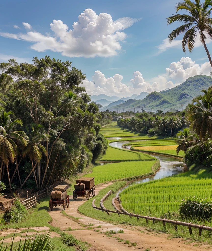 Green rice fields, buffalo grazing, palm trees, coconut trees, bamboo huts, red dirt road, sun, low hills, birds, carts, rice fields, buffalo grazing, green rice fields, water, canals.