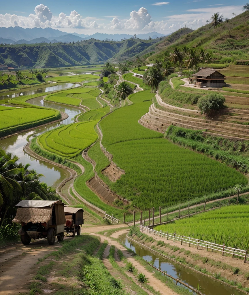 Green rice fields, buffalo grazing, palm trees, coconut trees, bamboo huts, red dirt road, sun, low hills, birds, carts, rice fields, buffalo grazing, green rice fields, water, canals.