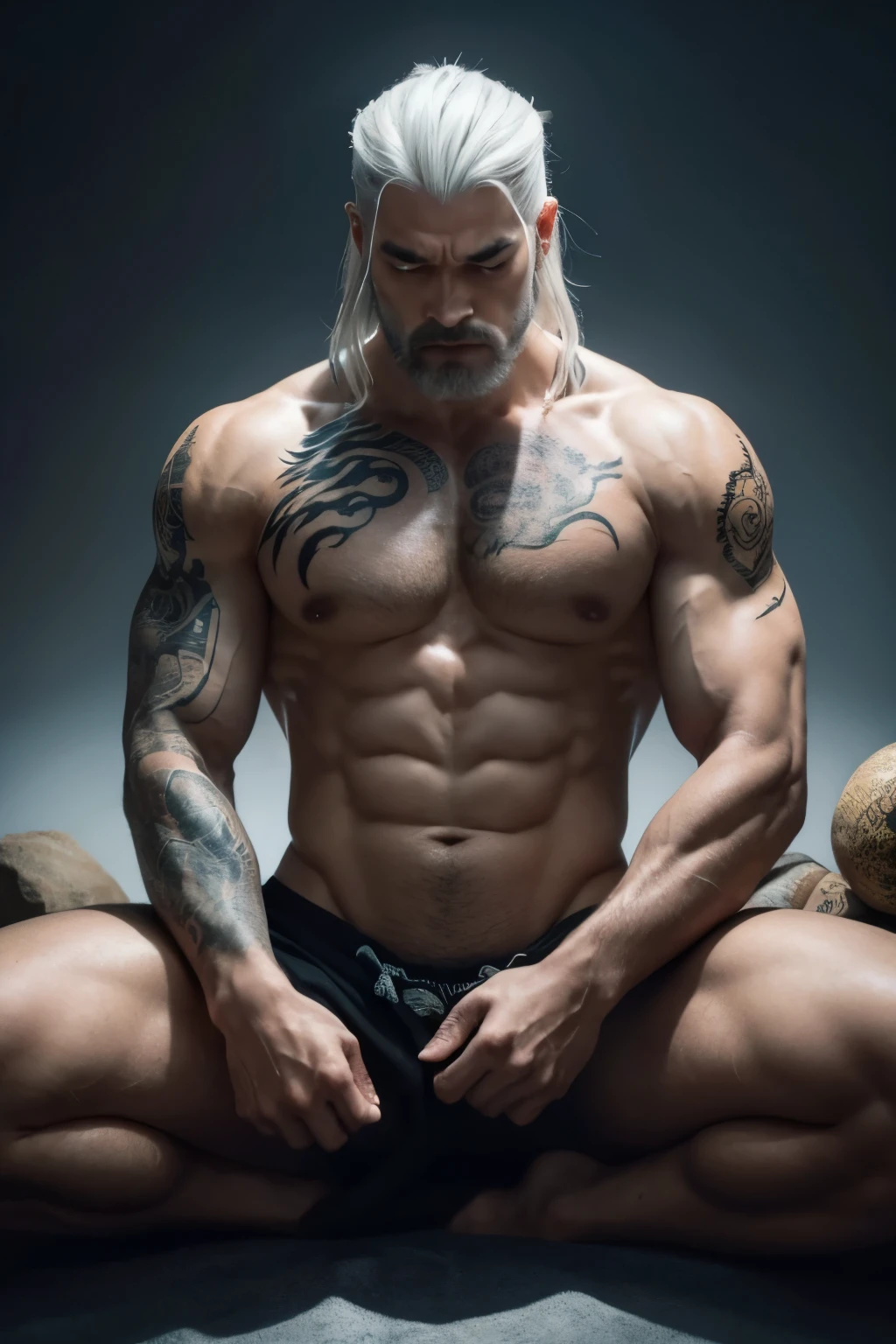 A man with a close-cropped, stark-white hair and intricate tattoos adorned across his muscular forearms, is seated atop a powerful, white tiger. The tiger's body is taut and muscular, its facial features displaying an intense ferocity. The man's eyes pierce through the gloom, filled with an air of authority and strength. The tiger's hide is glistening in the dim light, casting eerie shadows on the man's stern features. The detailed tattoo on the man's arm is vividly brought to life in this high-quality, masterpiece art, with every line and shade meticulously crafted.
Best quality