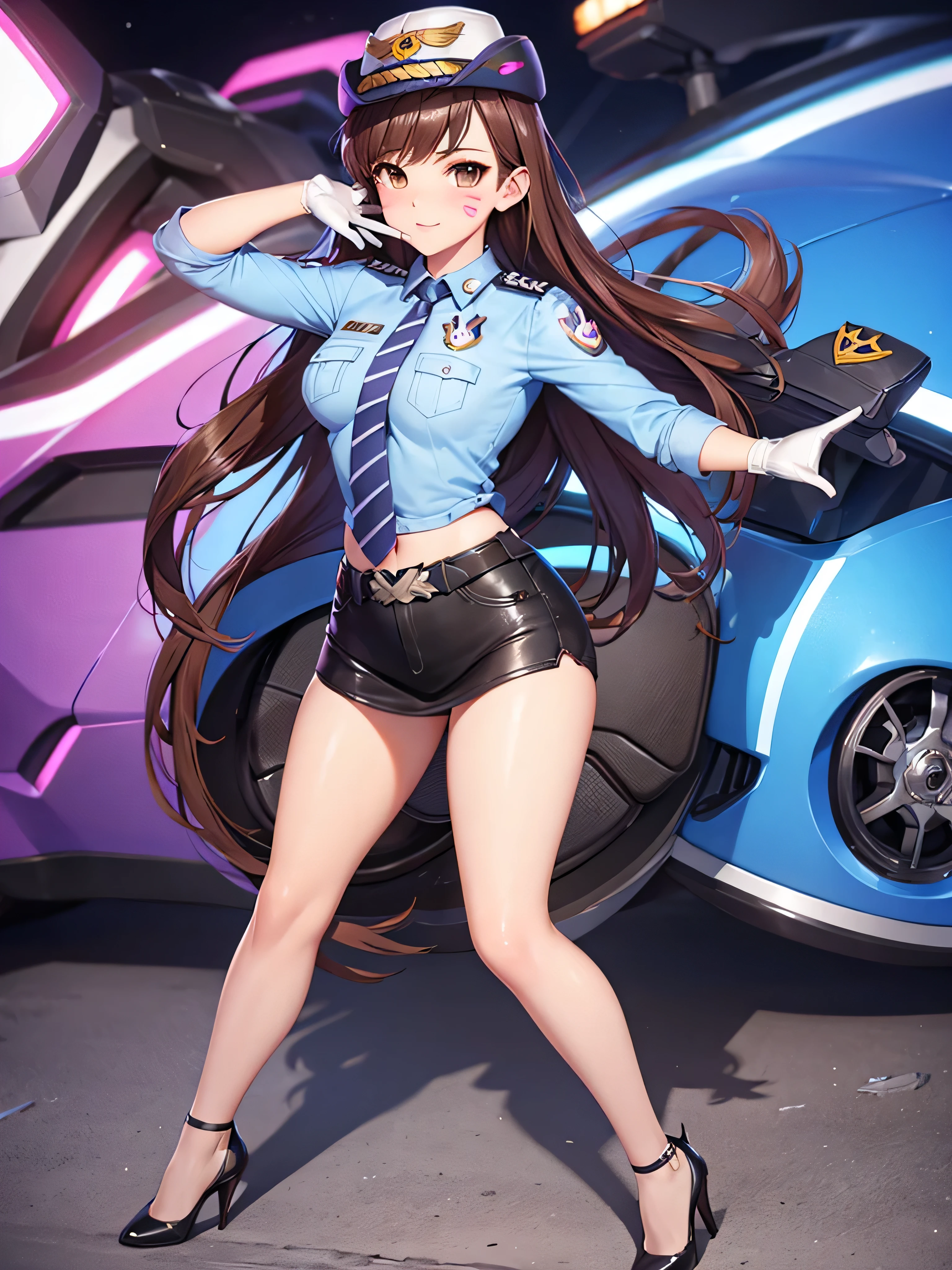 officer dva, solo girl, medium breast, wide hips, thighs, full body, high heels