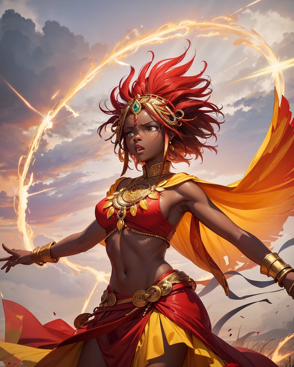 Goddess Iansã background with thunder and lightning, wind. African woman, with angry face, red and yellow clothes, white background, rays in the background, wind in the background, light in the background