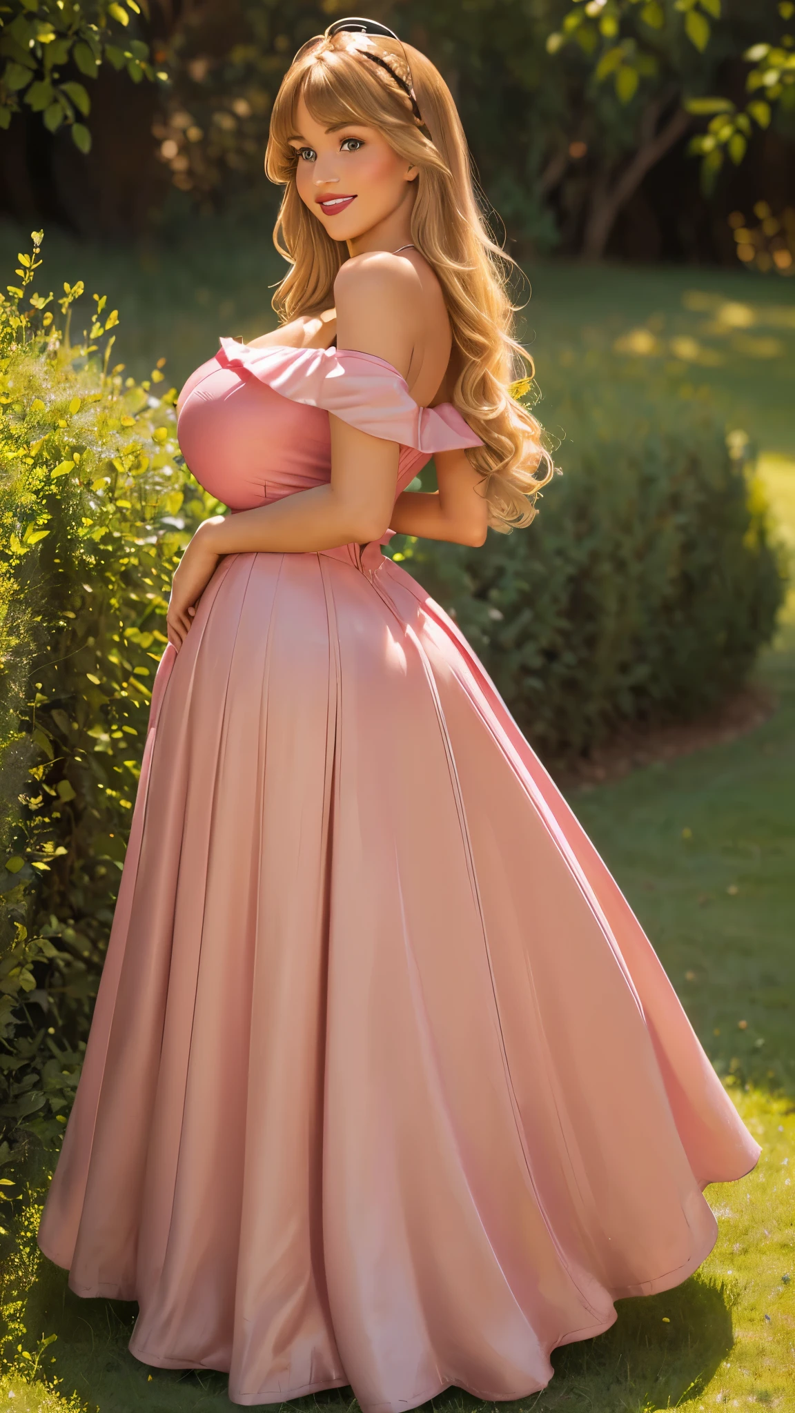 DisneyAurora, 27 years old, full body view, woman (((shoulder length wavy caramel blonde hair, two side up with bangs))) defined body, voluptuous, sexy, cherry red lipstick, arms by her sides, hands free, happily smiling, standing facing camera ((( pink dress, long skirt ))), in moonlit grassy field, (large_breasts:1.1) (curvy:1.0)