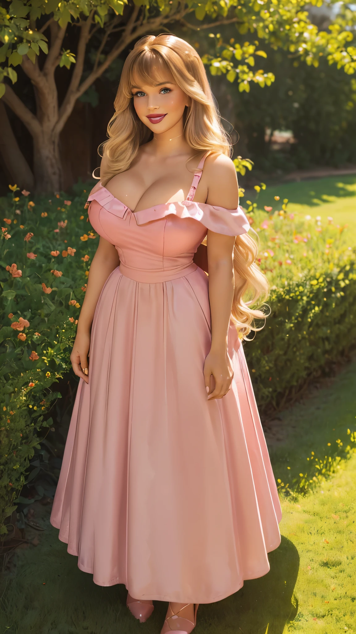 DisneyAurora, 27 years old, full body view, woman (((shoulder length wavy caramel blonde hair, two side up with bangs))) defined body, voluptuous, sexy, cherry red lipstick, arms by her sides, hands free, happily smiling, standing facing camera ((( pink dress, long skirt ))), in moonlit grassy field, (large_breasts:1.1) (curvy:1.0)