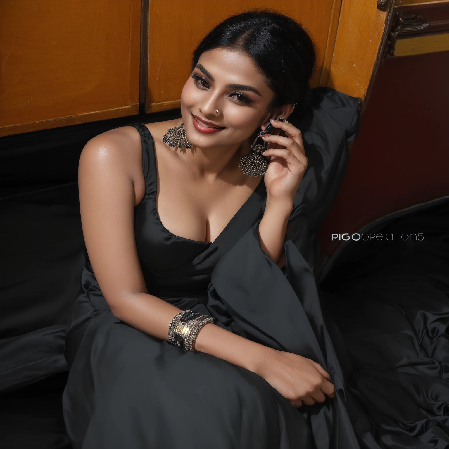 araffe woman in a black dress talking on a cell phone, black jewellery, candid!! dark background, inspired by T. K. Padmini, with a seductive smile, candid picture, very seductive pose, stunning elegant pose, taken with a canon eos 5d, taken with a canon eos 5 d, traditional beauty, candid photography , big , cleavage show