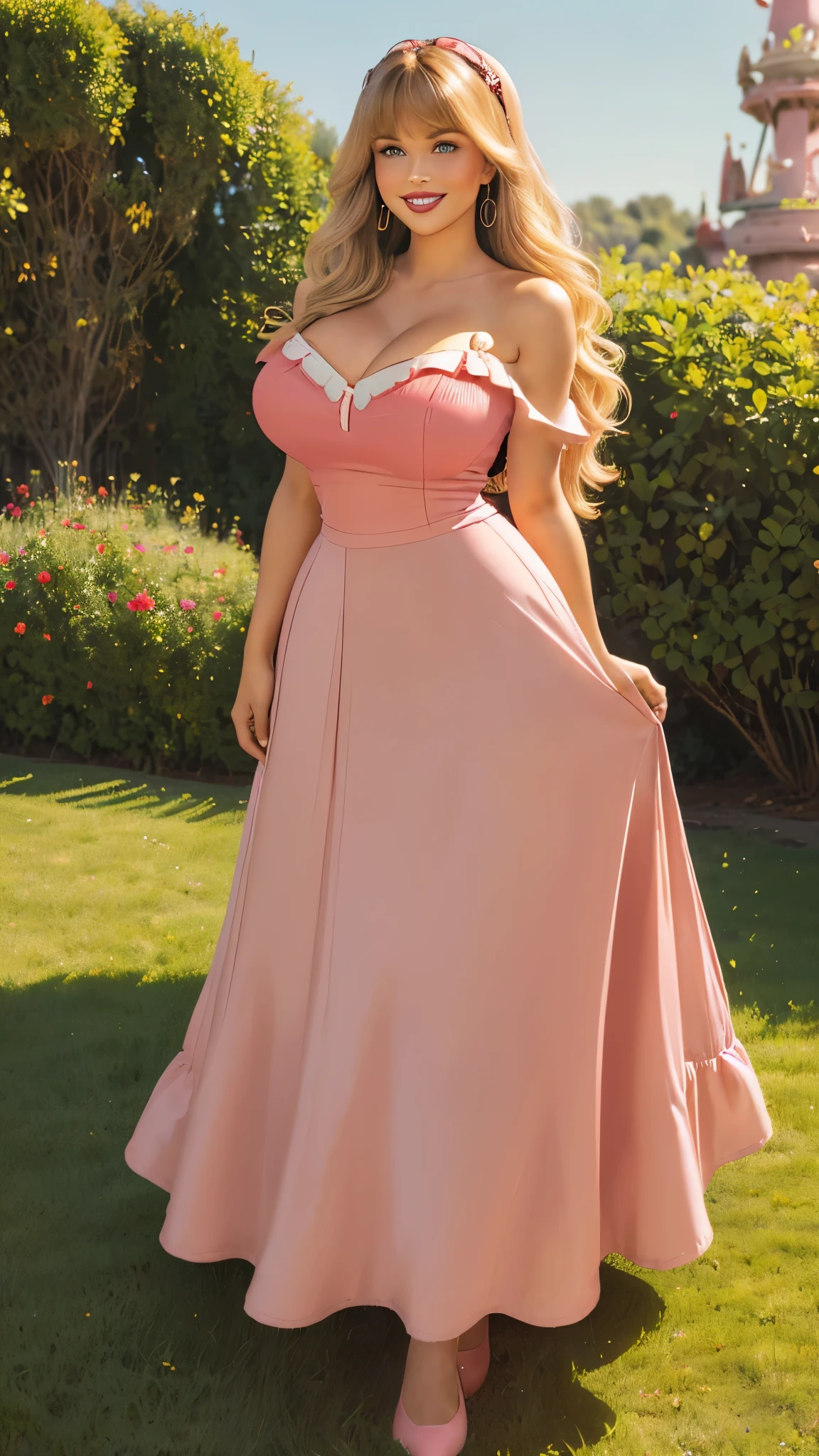 DisneyAurora, 27 years old, full body view, woman (((shoulder length wavy caramel blonde hair, two side up with bangs))) defined body, voluptuous, sexy, cherry red lipstick, arms by her sides, hands free, happily smiling, standing facing camera ((( pink dress, long skirt ))), in moonlit grassy field, (large_breasts:1.1) (curvy:1.0)