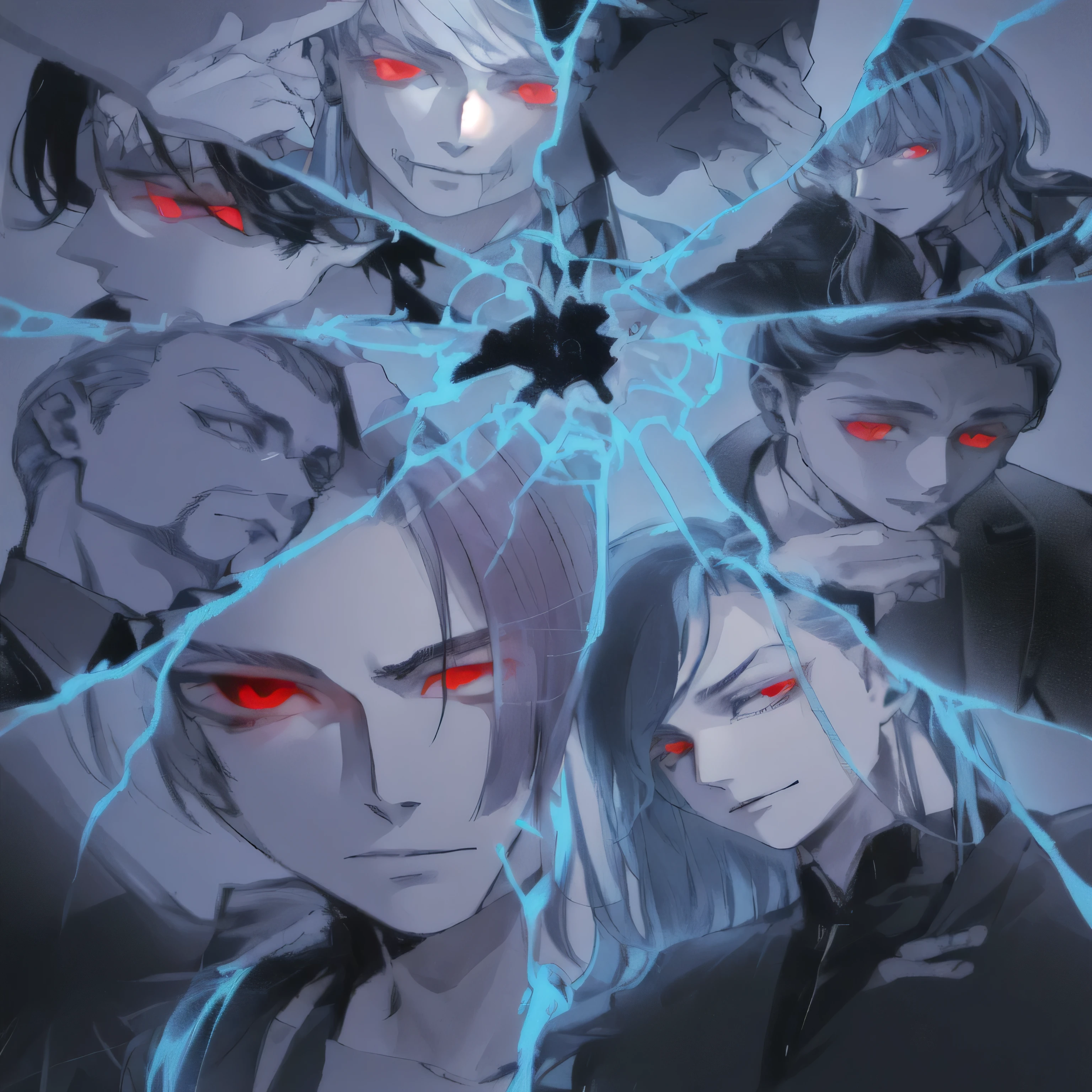 a group of 7 bad looking boys with elegant and casual clothes, crimson glowing eye colors, scattered glasses reflecting their faces, 8k, highly detailed, monochrome, dramatic atmosphere