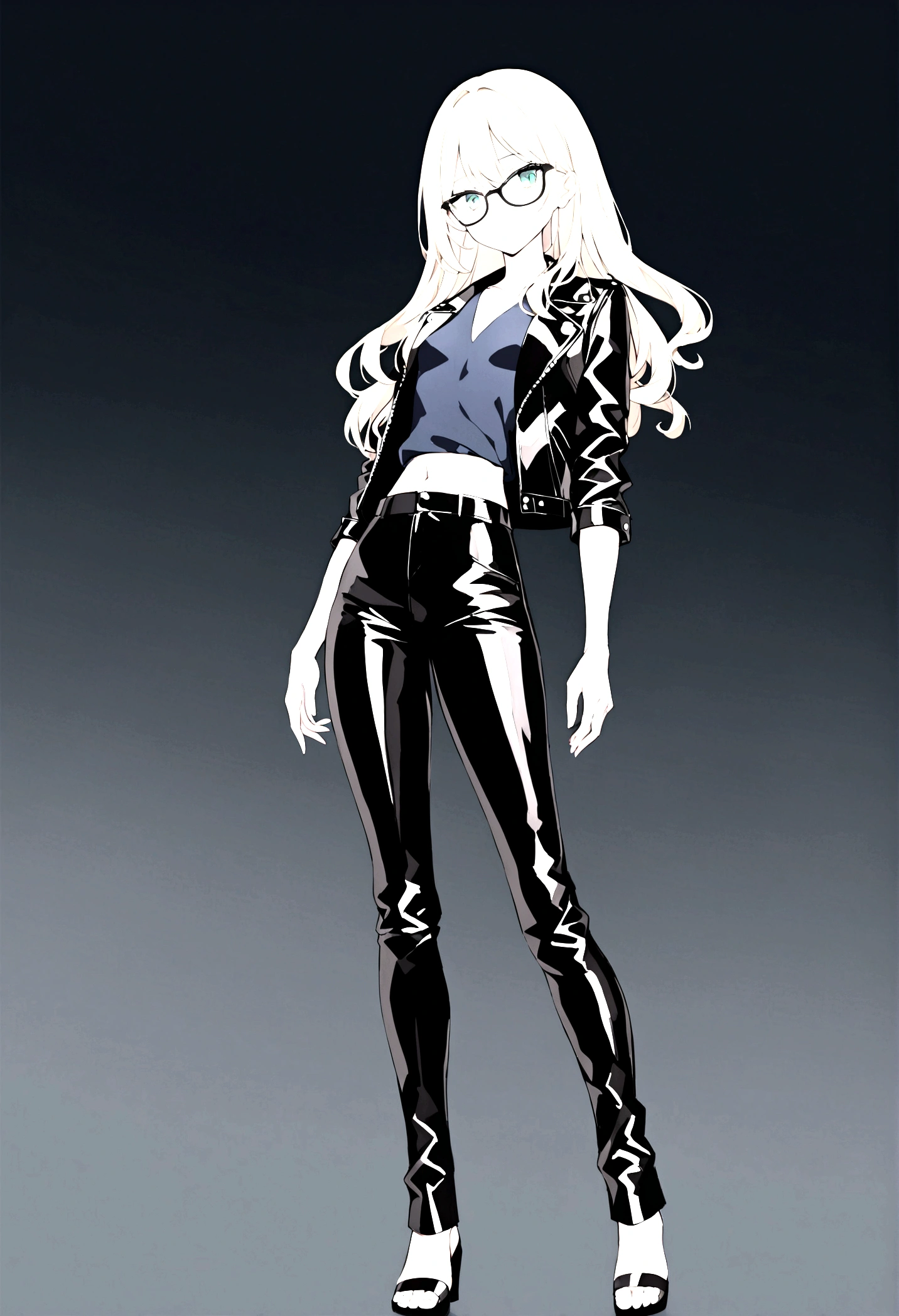 a beautiful girl, with long blonde hair, who wears black glasses, with wide hips, narrow waist, with flat chest, pretty face, with green eyes, 18 years, perfect and glowing skin, wearing flared leather pants and a leather jacket, with a navy blue blouse, full body.