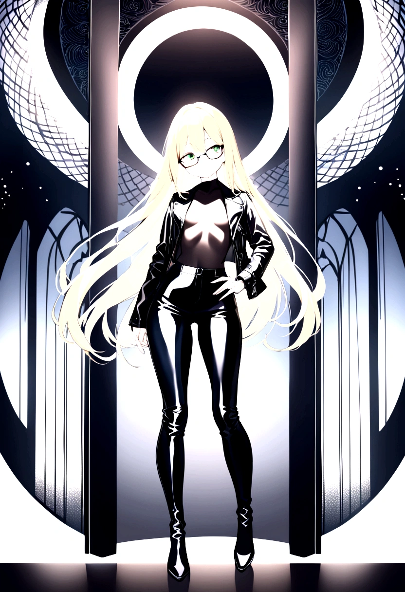a beautiful girl, with long blonde hair, who wears black glasses, with wide hips, narrow waist, with flat chest, pretty face, with green eyes, 18 years, perfect and glowing skin, wearing flared leather pants and a leather jacket, with a navy blue blouse, full body.