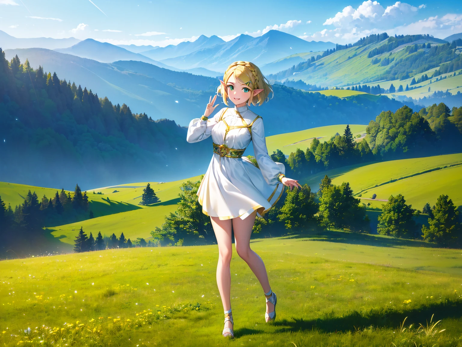 (masterpiece, best quality, high definition:1.2), (1girl, solo:1.3), (blonde hair, short hair, crown braid, hairclip, hair swaying from the wind:1.3), (green eyes, bright pupils, sparkling eyes:1.2), (pointy ears, white dress, long sleeves:1.3), (smile, happy:1.2), (standing, full body shot, full body:1.5), (waving, hand waving, waving hand at viewer:1.3), (day time, light particles:1.1), (scenery, outdoors, field, green field, grass field, open field:1.35), (mountains, mountains in the distance:1.1), 200mm lens,