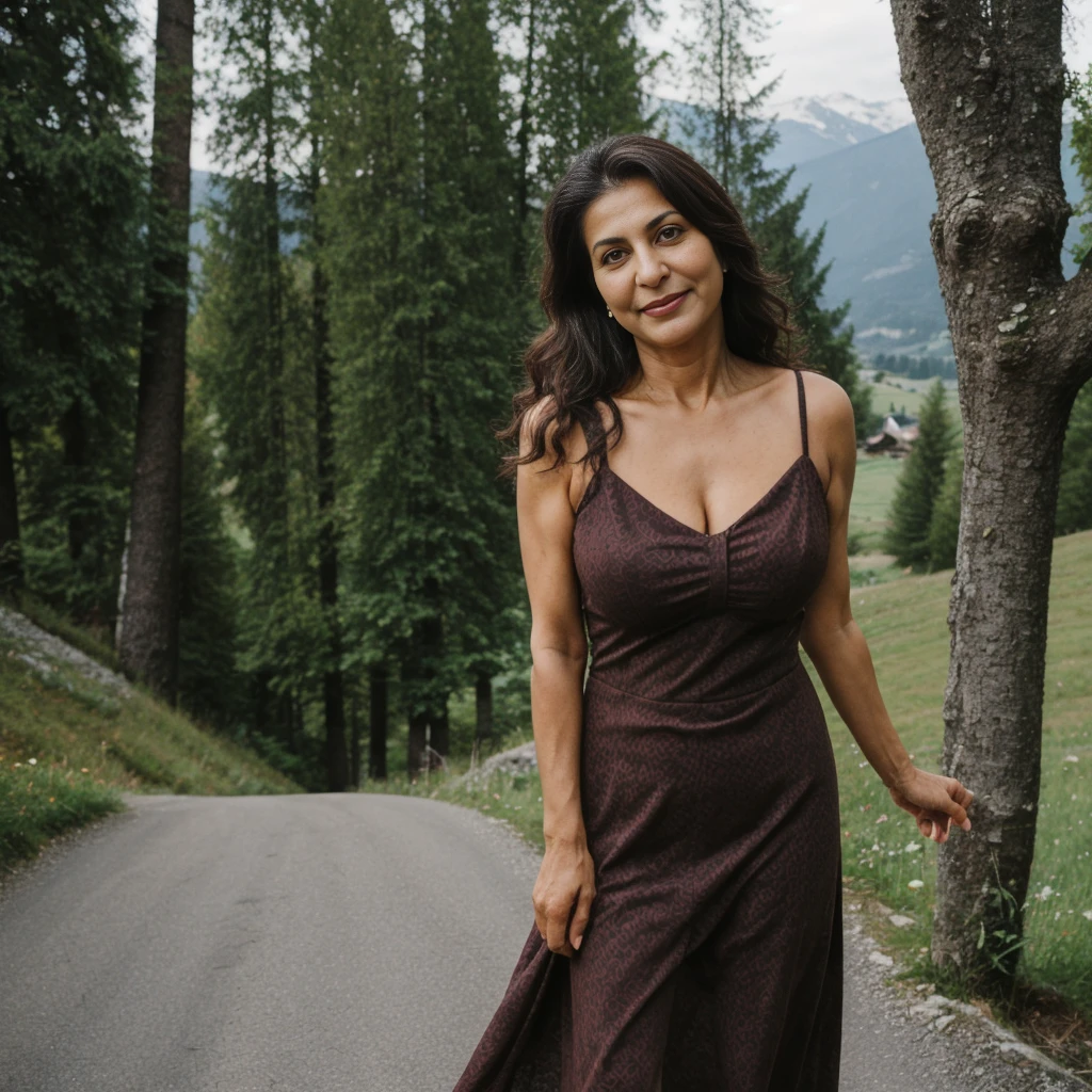 Rayuji, 1girl, ((50-year-old slim Iranian woman)), (((MILF))), ((50 years old)), (((old woman))), grandmother, (((mature woman))), ((body texture of a 50-year-old woman)), ((wrinkles on face)), ((visible eyebags)), cleavage, ((deep brown skin tone)), ((long wavy dark brown hair), ((wearing summer dress outside overlooking the mountains in Switzerland)), (((upper body and upper legs))), (((slim))), standing , trees