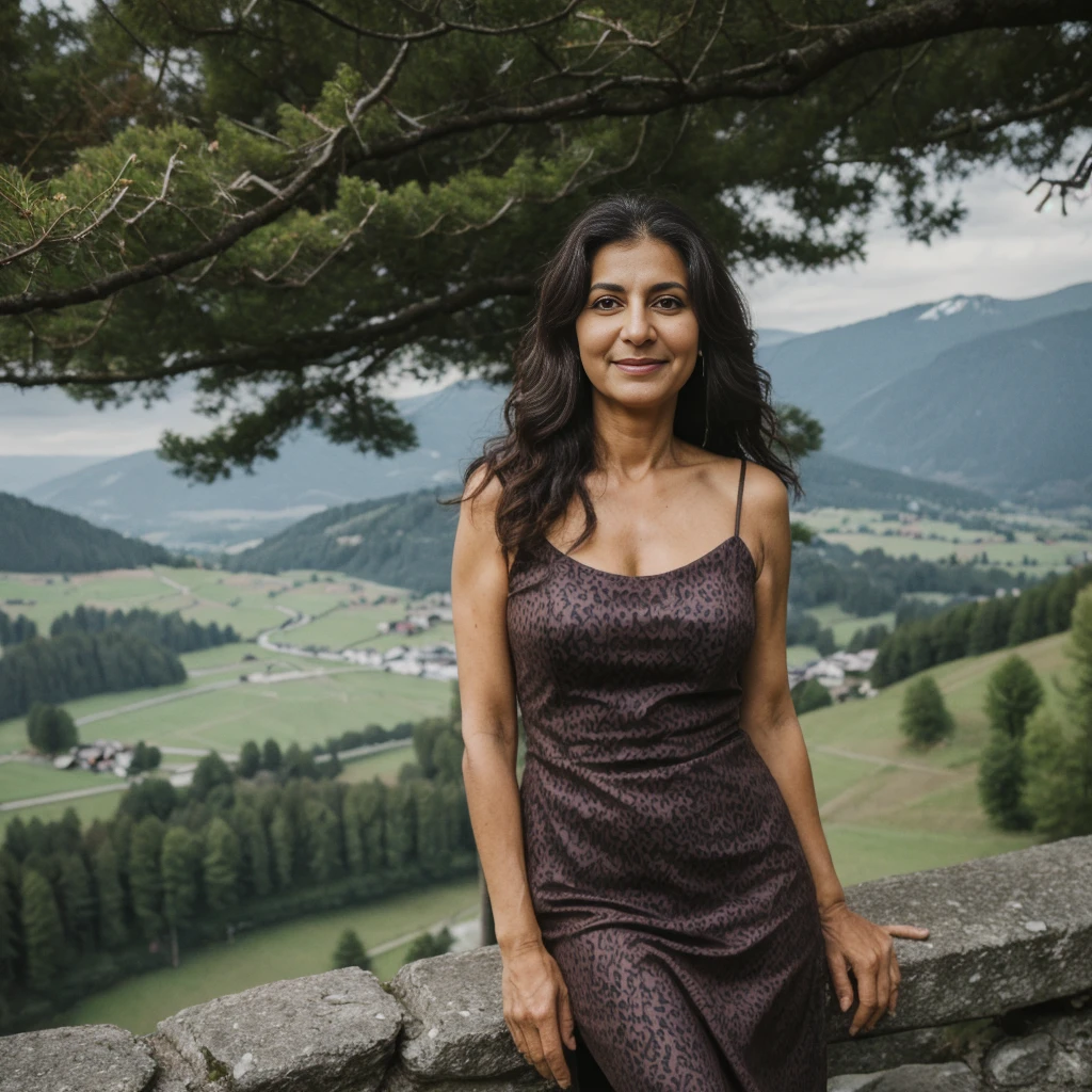 Rayuji, 1girl, ((50-year-old slim Iranian woman)), (((MILF))), ((50 years old)), (((old woman))), grandmother, (((mature woman))), ((body texture of a 50-year-old woman)), ((wrinkles on face)), ((visible eyebags)), cleavage, ((deep brown skin tone)), ((long wavy dark brown hair), ((wearing summer dress outside overlooking the mountains in Switzerland)), (((upper body and upper legs))), (((slim)))