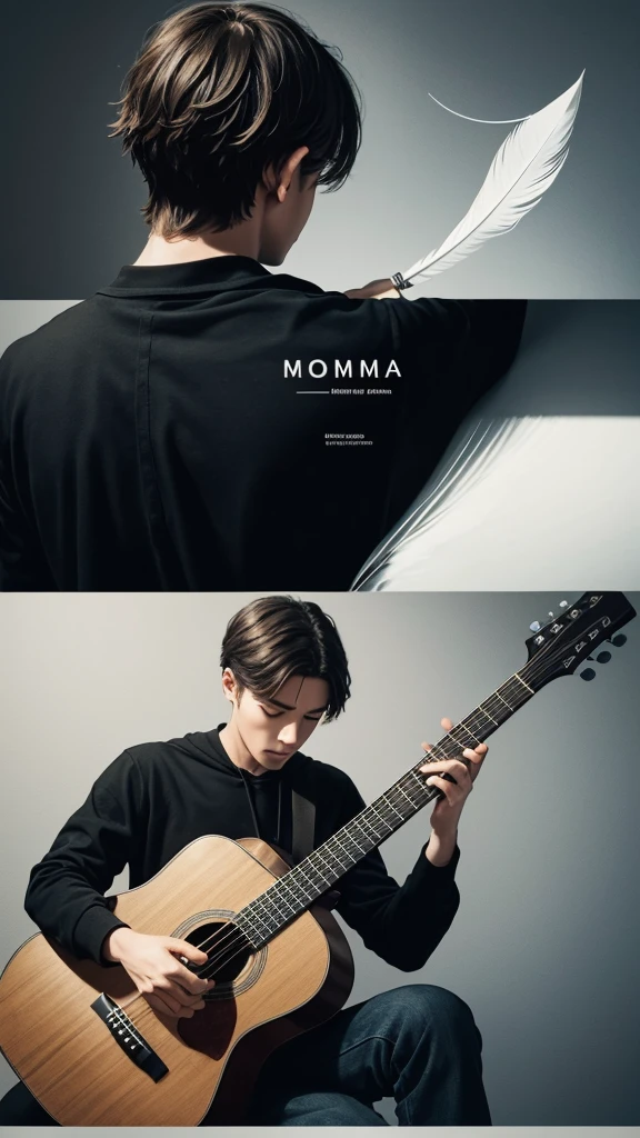 A minimal, modern, simple, cinematic logotype for the brand “Penamemoria". The logotype must be a simple, magical feather and a boy playing acoustic guitar. The logo must convey a sense of music, stories and dreams. Logo design impressed on a book cover. Minimalistic logo