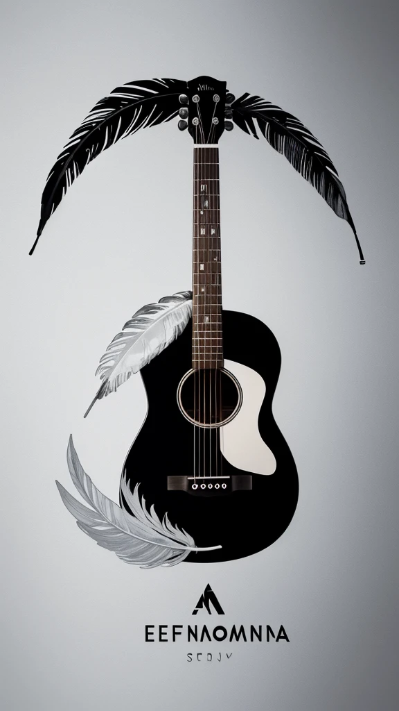 A minimal, modern, simple, cinematic logotype for the brand “Penamemoria". The logotype must be a simple, magical feather and a boy playing acoustic guitar. The logo must convey a sense of music, stories and dreams. Logo design impressed on a book cover. Minimalistic logo