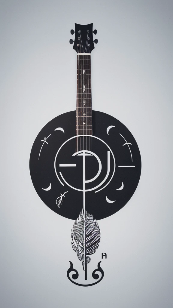 A minimal, modern, simple, cinematic logotype for the brand “Penamemoria". The logotype must be a simple, magical feather and a boy playing acoustic guitar. The logo must convey a sense of music, stories and dreams. Logo design impressed on a book cover. Minimalistic logo
