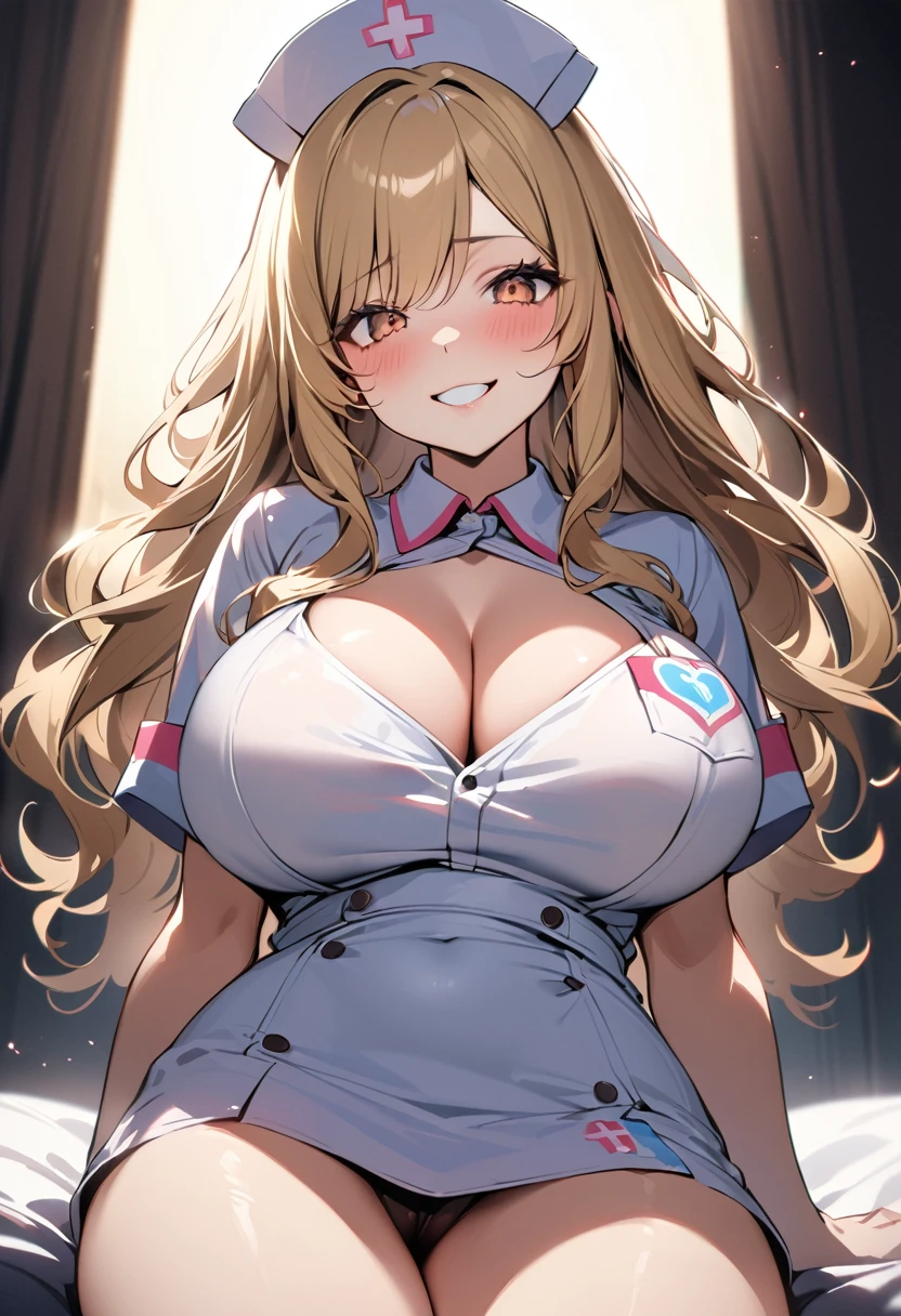 1 lady, 20 years old, blonde hair, long hair, wavy hair, light brown eyes, huge breasts, evil smile, blush,
BREAK (masterpiece), (high resolution 8K), cinematic lighting, professional lighting, detailed eyes and face, detailed body,
BREAK leaning back, (nsfw, revealing nurse costume:1.1), nurse cap, breast pocket, collared dress, short dress, short sleeves, thighs, white dress, white headwear, cleavage, cowboy shot,