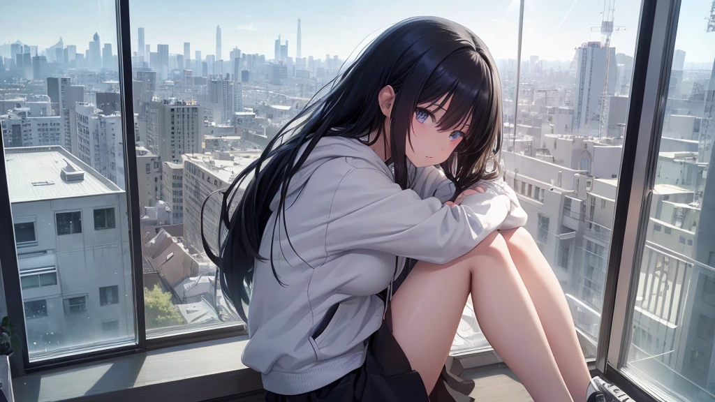 Absurd, Ultra-high resolution, (Official Art, beautifully、mysterious:1.2), Correct human body composition, Striking eyes, Oversized hoodie and short skirt, Shiny black hair, Larger than average bust, Girl listening to music with headphones, Looking out the window, Coffee on the desk, lo-fi girl, Makoto Shinkai and Artgelm, Anime atmosphere, Lofi Art Style, Anime style 8k, Anime Aesthetics, Lo-fi feel, Anime Art Wallpapers 8K, An atmosphere of praise, City Room, Teenage Girl's Room, A room for music lovers, city view from the window, Impressive cityscape, Bright Sky