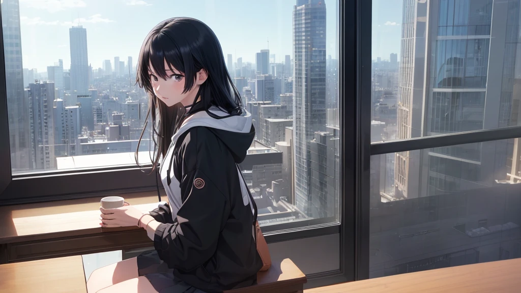 Absurd, Ultra-high resolution, (Official Art, beautifully、mysterious:1.2), Correct human body composition, Striking eyes, Oversized hoodie and short skirt, Shiny black hair, Larger than average bust, Girl listening to music with headphones, Looking out the window, Coffee on the desk, lo-fi girl, Makoto Shinkai and Artgelm, Anime atmosphere, Lofi Art Style, Anime style 8k, Anime Aesthetics, Lo-fi feel, Anime Art Wallpapers 8K, An atmosphere of praise, City Room, Teenage Girl's Room, A room for music lovers, city view from the window, Impressive cityscape, Bright Sky