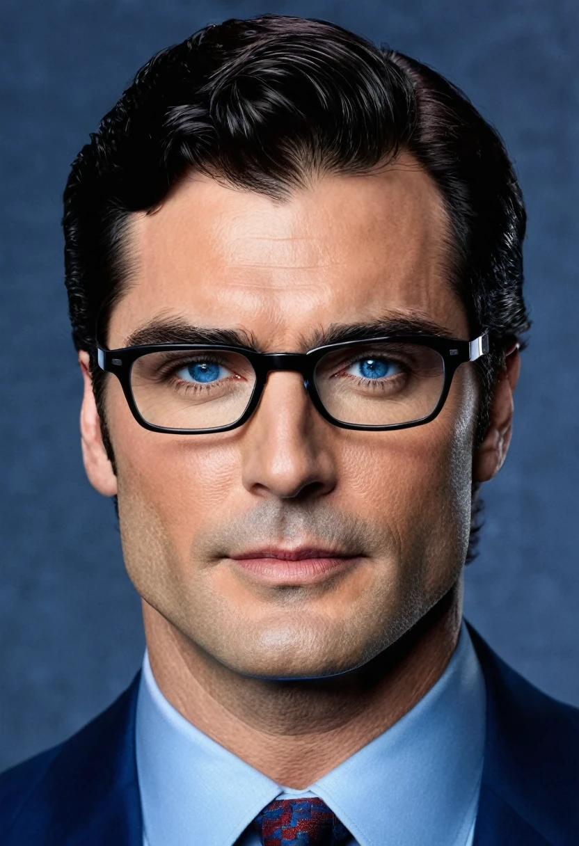 A portrait of Clark Kent whose facial features are a combo of Tom Welling + Tyler Hoechlin + Henry Cavill + Brandon Routh + Tim Daly + Dean Cain + Christopher Reeve + George Reeves. Clark wears a blue suit and glasses. Clark has black hair and blue eyes. Symmetrical eyes. Symmetrical face. Great details. Photorealistic. Full-colored photo. Professional photo. Highly detailed 8K.