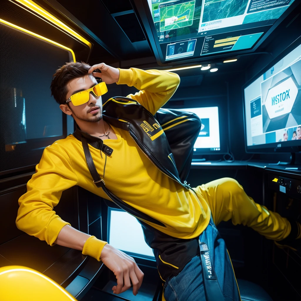 Create a creative and imaginative image of an energetic and stylish entrepreneur man wearing yellow clothes and sunglasses. Set him in an unconventional and futuristic workspace, such as a high-tech office with holographic displays and interactive interfaces, or a virtual reality environment where ideas come to life in vibrant colors and dynamic shapes. Infuse the image with elements of innovation and creativity, showcasing his entrepreneurial spirit and forward-thinking mindset in a unique and captivating way. Capture the essence of energy and creativity, creating a visually stunning and imaginative scene.