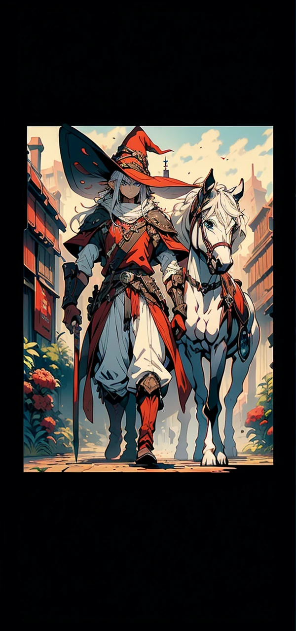 Young 20s handsome elf ,man, long red and white hair, wearing black wizard outfit, with serious face, blue eyes, character, anime, RPG, hand-drawn, high details, medieval city background
