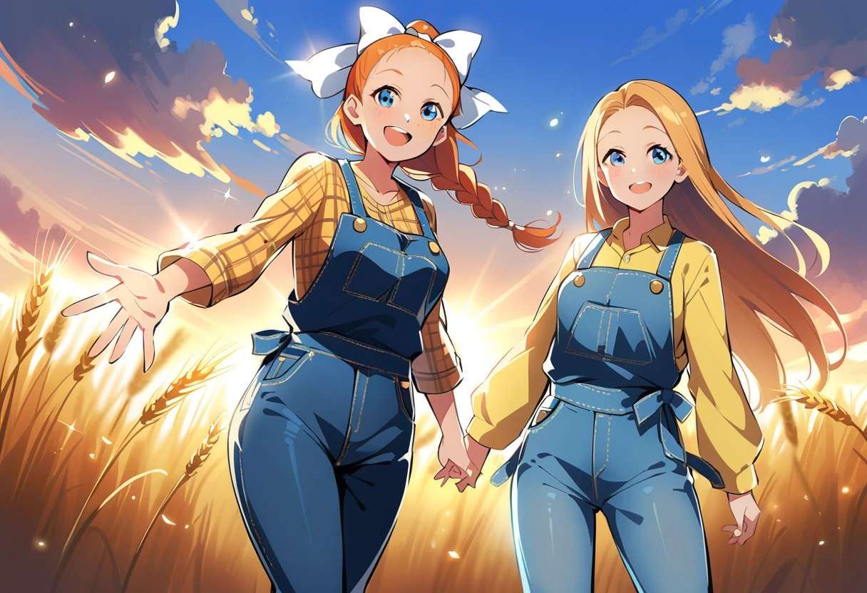 pewarnaan character, visual illustration, @ANN, ann \(harvest moon\), ran \(bokujou monogatari\), aged up, 1girl, ponytail, braid, braided ponytail, single braid, forehead, solo, (overalls), outdoors, sky, wheat, field, (blue overalls), smile, blue eyes, wheat field, looking at viewer, breasts, long sleeves, yellow shirt, orange hair, blonde hair, cowboy shot, collarbone, collared shirt, cleavage, denim, upper teeth only, medium breasts, standing, teeth, oversized clothes, long hair, partially unbuttoned, pants, oversized shirt, buttons, head tilt, flat chest, hair bow, white bow, tomboy, round teeth, plaid shirt, denim overalls, mature female, tall, tall female, slim body, freckles, twilight, cloudy sky, scenery, reaching, grass, floating braid, sunset, cloud, scenery, jeans, bow, hair ribbon, sparkle, sunbeam, light rays, highres, 4k, 8k