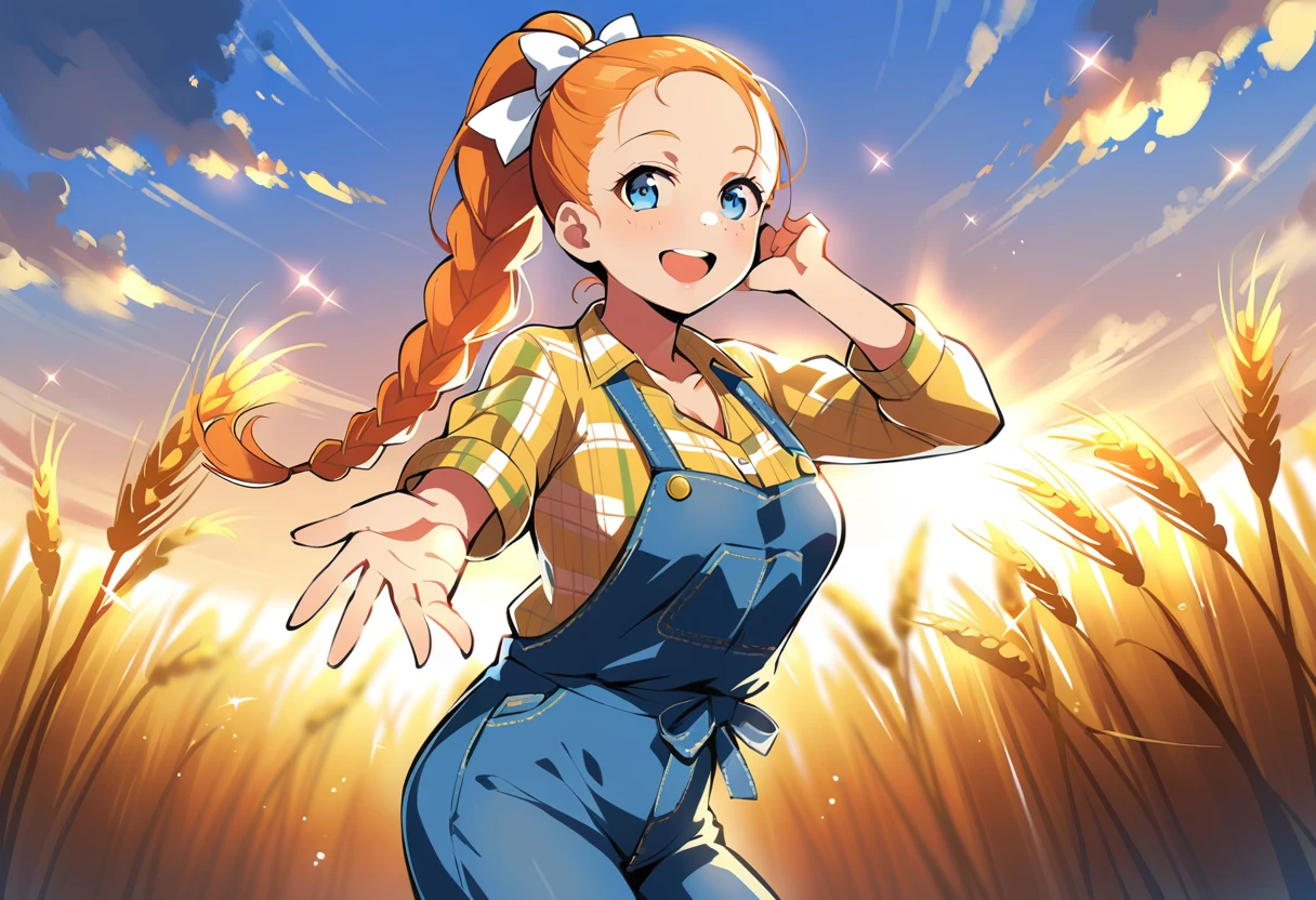 pewarnaan character, visual illustration, @ANN, ann \(harvest moon\), ran \(bokujou monogatari\), aged up, 1girl, ponytail, braid, braided ponytail, single braid, forehead, solo, (overalls), outdoors, sky, wheat, field, (blue overalls), smile, blue eyes, wheat field, looking at viewer, breasts, long sleeves, yellow shirt, orange hair, blonde hair, cowboy shot, collarbone, collared shirt, cleavage, denim, upper teeth only, medium breasts, standing, teeth, oversized clothes, long hair, partially unbuttoned, pants, oversized shirt, buttons, head tilt, flat chest, hair bow, white bow, tomboy, round teeth, plaid shirt, denim overalls, mature female, tall, tall female, slim body, freckles, twilight, cloudy sky, scenery, reaching, grass, floating braid, sunset, cloud, scenery, jeans, bow, hair ribbon, sparkle, sunbeam, light rays, highres, 4k, 8k