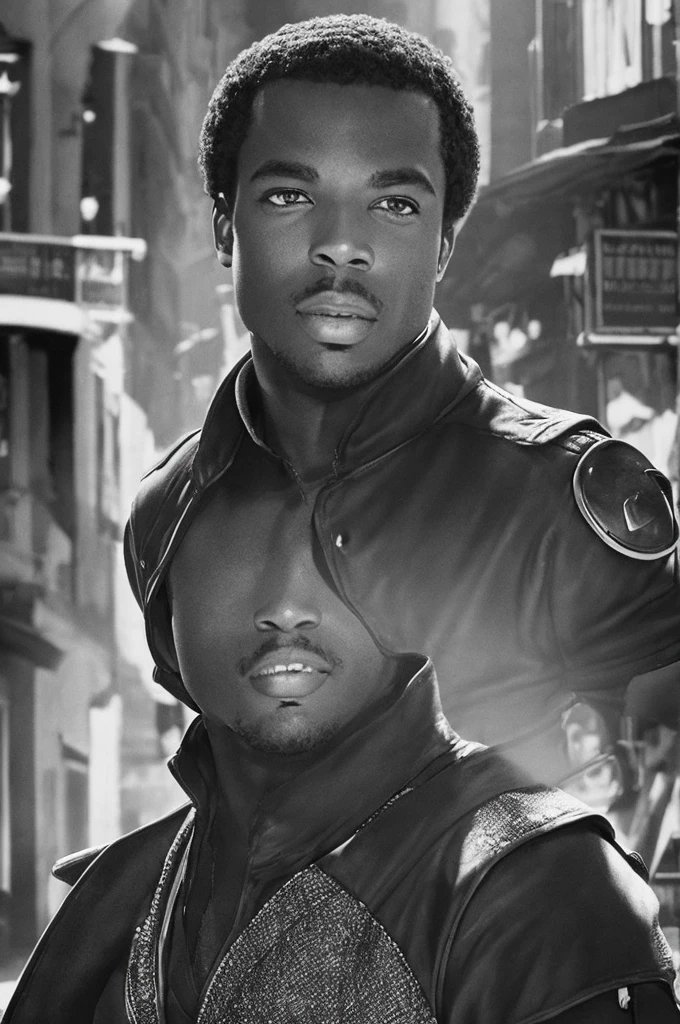 Dex, a black and white man in old film scene style