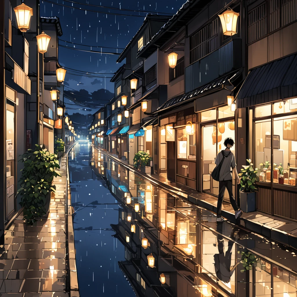 On the streets late at night，A young man walking alone。The streets were wet from the rain.，The street lamps cast a faint light，Outline a quiet night。Raindrops gently hit the road，It creates a peaceful and peaceful atmosphere。The shops on both sides of the street are faintly visible in the night，The light of street lamps is reflected in the windows，It was extra homely。Boys&#39; steady pace，The shoulders are covered with drizzle，There was a hint of melancholy and contemplation in his eyes.，As if chasing a memory or thought in the middle of the night