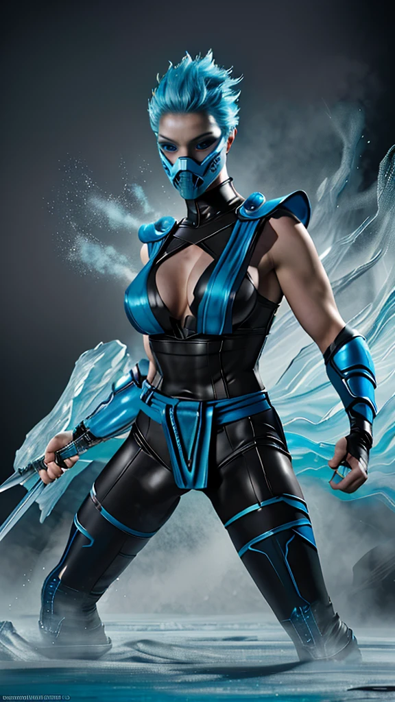 Frost, blue hair, blue eyes, solo, standing, close up, short hair up, spiked hair,covered nipples,
FroNin, mask, fingerless elbow gloves, ,bodysuit ,thighhighs, black footwear, heels, pelvic curtain, stars,typical blue martial arts uniform, arm and leg guards, an icy blue mask, wielding an ice sword, icy background particles,icy waves, stunning detailed background, icy steam from hands, icy steam from mask, icy steam from suit,((complex background))
(insanely detailed, beautiful detailed face, masterpiece, best quality) a black jumpsuit with attached blue tabard and belt and printed armour detailing on the shins and arms, icy weapons, dynamic pose, midriff, snowflakes,ice,
Ben Bauchau, Michael Garmash, Daniel F
Gerhartz, Clint Cearley, Carne Griffiths, Jean Baptiste
Monge, strybk style, warm dreamy lighting, matte
background, volumetric lighting, pulp adventure
style, fluid acrylic, dynamic gradients, bold color,
illustration, highly detailed, simple, smooth and clean
vector curves, vector art, smooth, johan grenier,
character design, 3d shadowing, fanbox, cinematic.
ornate motifs, elegant organic framing, hyperrealism
posterized, masterpiece collection, bright lush colors.
TXAA, penumbra, abstract minimalism, wet gouache
, FROST, FRONIN,
