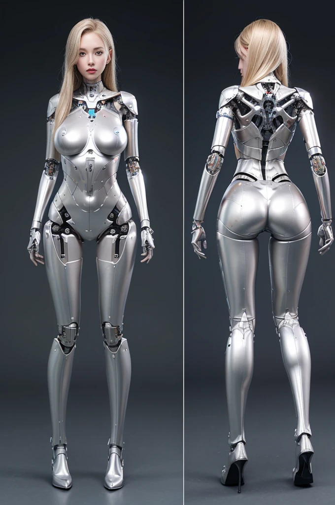 female robot, skin part is only face, silver metal skin, full metal robot body, mechanical parts, electronic wire, cum in pussy, high quality, medium breasts, long hair, tall, thigh gap, full body metal skin, wet, cum in pussy, metallic tits, separated breast, under repair, anatomical body, unreal engine, from back
