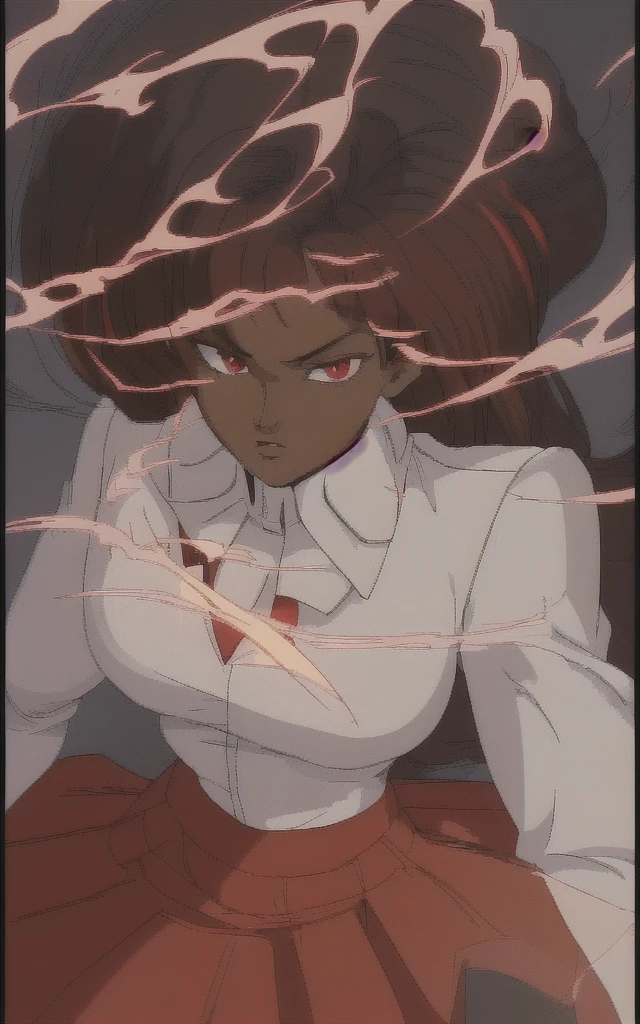 90s anime black skinned business girl in a white blouse , red skirt and long red blazer