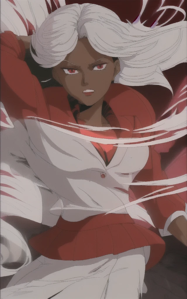 90s anime  black skinned business girl in a white blouse , red skirt and long red blazer 