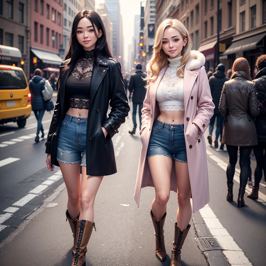 Beautiful young woman smiling, realistic image, wearing a pretty lace crop top and shorts. Has a long coat put on boots On the sidewalk in the city, wide view, see the scenery