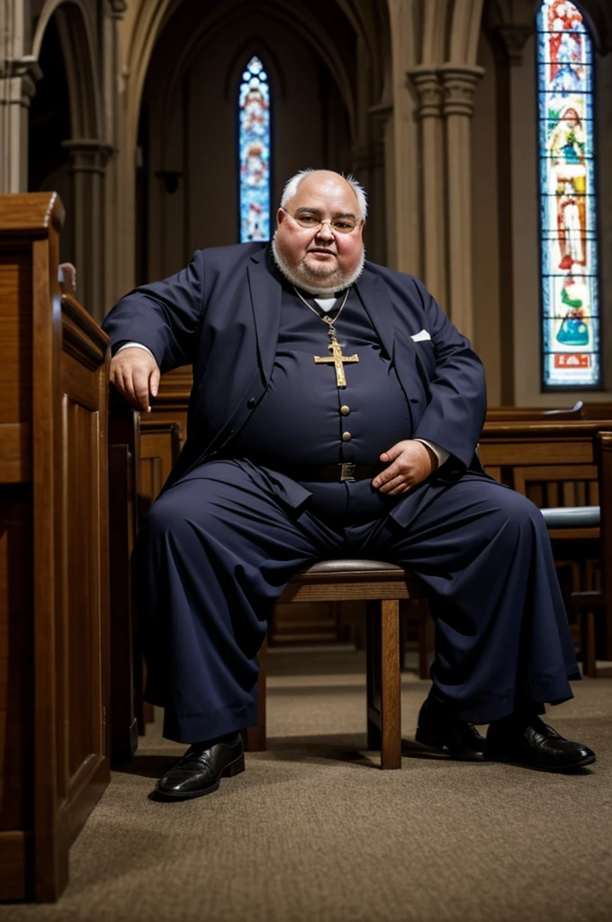 a fat old priest sitting in a church with a man facing the priests crotch
