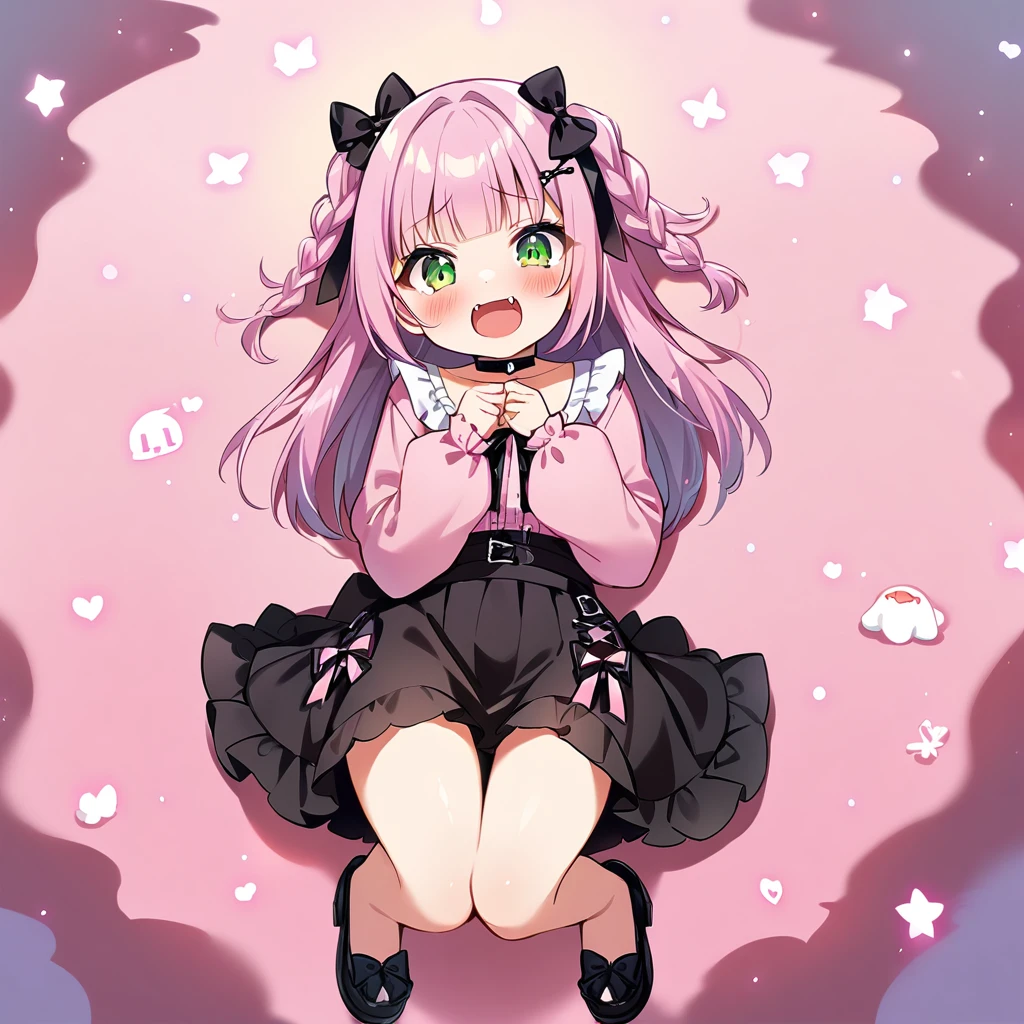Top quality, masterpiece, chibi character, peal purple and blunt bangs hair, twin braids, green eyes, mouth wide open and screaming, blushing, smilng,fangs,(a girl with closs hair pin,
pink shirt,cosplay, jirai kei, bangs, black skirt, black bow, looking at viewer, bow, long sleeves, choker, ribbon,fullbody shot :1.4),A girl lying on the ground on her hands and knees