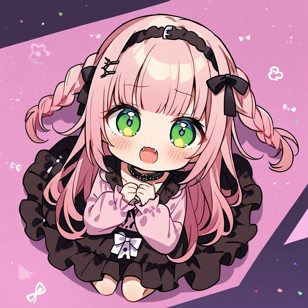 Top quality, masterpiece, chibi character, peal purple and blunt bangs hair, twin braids, green eyes, mouth wide open and screaming, blushing, smilng,fangs,(a girl with closs hair pin,
pink shirt,cosplay, jirai kei, bangs, black skirt, black bow, looking at viewer, bow, long sleeves, choker, ribbon,fullbody shot :1.4),A girl lying on the ground on her hands and knees