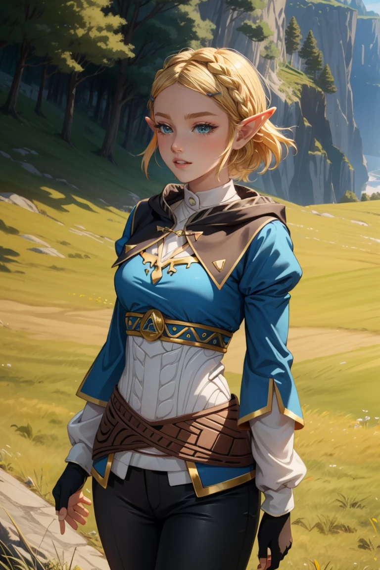 ((Masterpiece, top quality, high resolution)), ((highly detailed CG unified 8K wallpaper)), 1girl, Princess Zelda, short hair, crown braid, hairclip, pointy ears, brown cape, blue shirt, puffy sleeves, long sleeves, fingerless gloves, black gloves, black pants, tight pants, aazelda, long hair, crown braid, hairclip, pointy ears, blue shirt, long sleeves, fingerless gloves, black gloves, black pants, tight pants sweating, outdoors, grass, meadow, cliffs, stony,