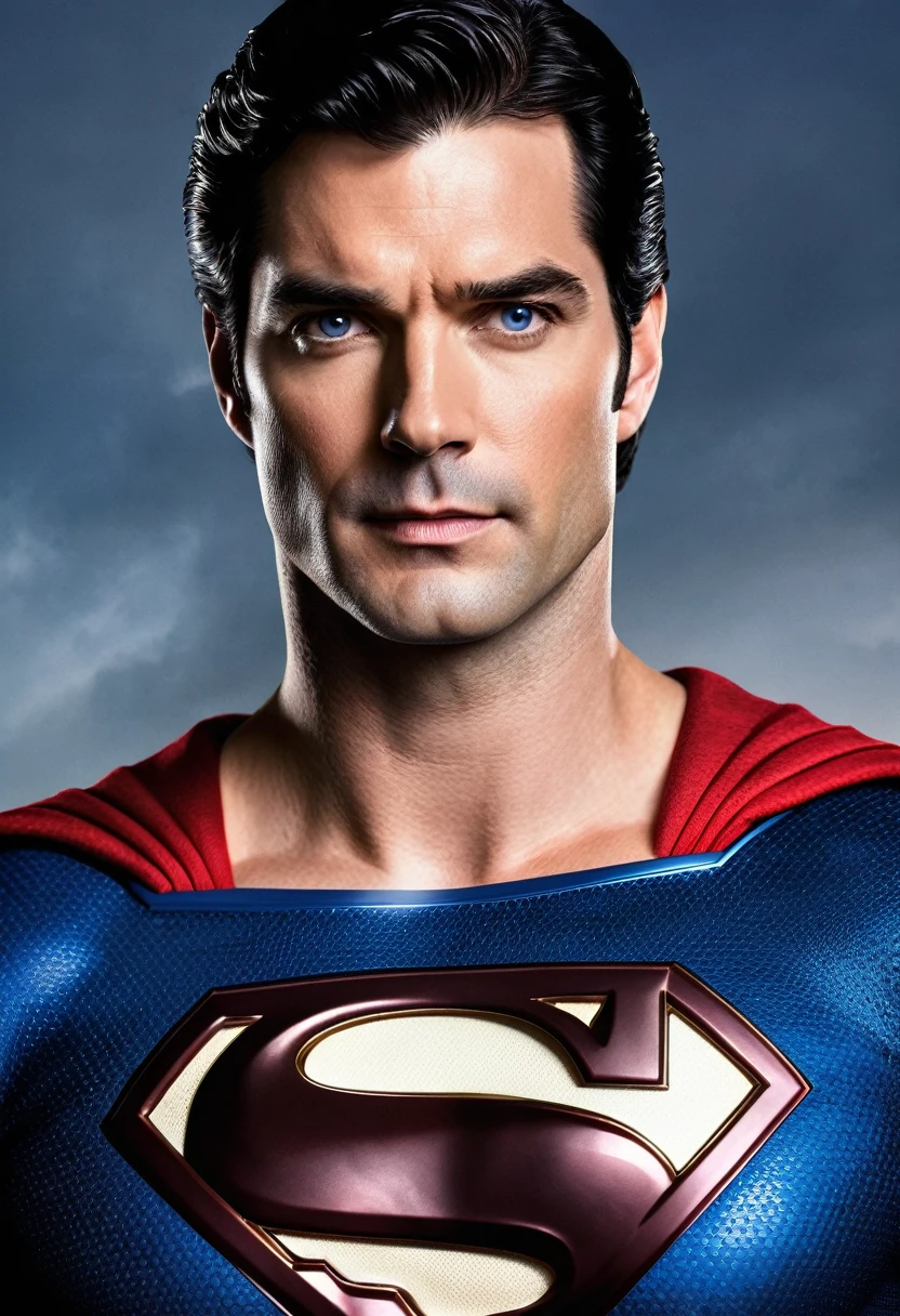 A portrait of Superman whose facial features are a combo of Tom Welling + Tyler Hoechlin + Henry Cavill + Brandon Routh + Tim Daly + Dean Cain + Christopher Reeve + George Reeves. Superman wears his DCEU Superman suit. Superman has black hair and blue eyes. Symmetrical eyes. Symmetrical face. Great details. Photorealistic. Full-colored photo. Professional photo. Highly detailed 8K.