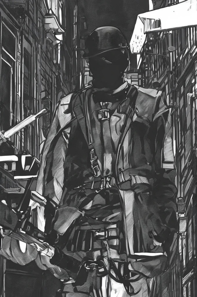TheRPGCharGenEsAFArt man holding a gun, skirt, and boots in front of an old building