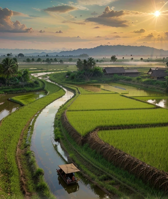 a photorealistic -Green rice fields, Northeast Thailand, Thailand,Buffalo eats grass, palm trees, coconut trees, bamboo huts, red dirt roads, the sun, low hills, birds, carts, rice fields, buffalo eats grass, green rice fields, water, canals.