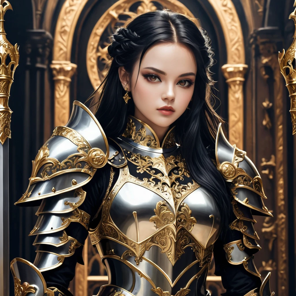 a close up of a woman in armor with a sword, stunning armor, wearing fantasy armor, very stylish fantasy armor, gold heavy armor. dramatic, beautiful armor, fantasy armor, black and gold armor, gothic armor, wearing ornate armor, intricate armour costumes, female armor, ornate gothic armor, ornate , wearing louis vuitton armor, girl in knight armor