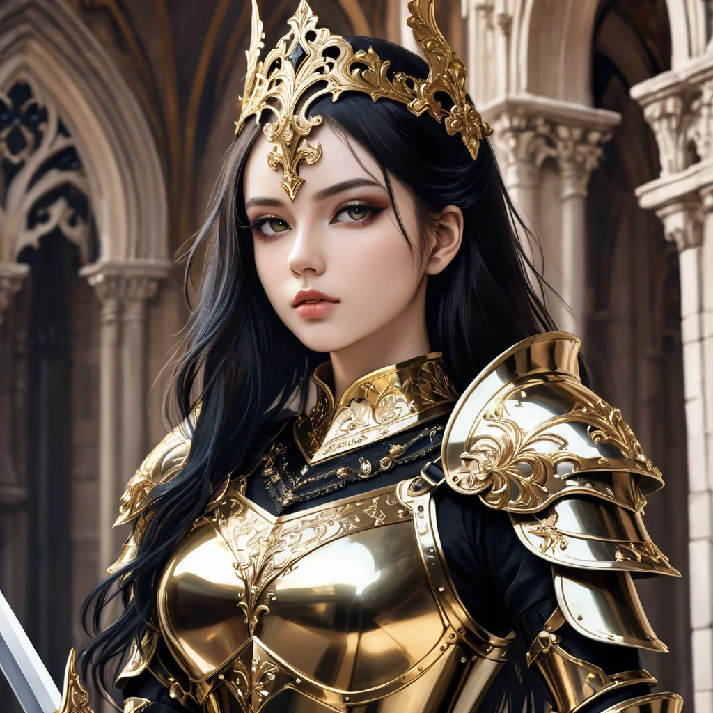 a close up of a woman in armor with a sword, stunning armor, wearing fantasy armor, very stylish fantasy armor, gold heavy armor. dramatic, beautiful armor, fantasy armor, black and gold armor, gothic armor, wearing ornate armor, intricate armour costumes, female armor, ornate gothic armor, ornate , wearing louis vuitton armor, girl in knight armor