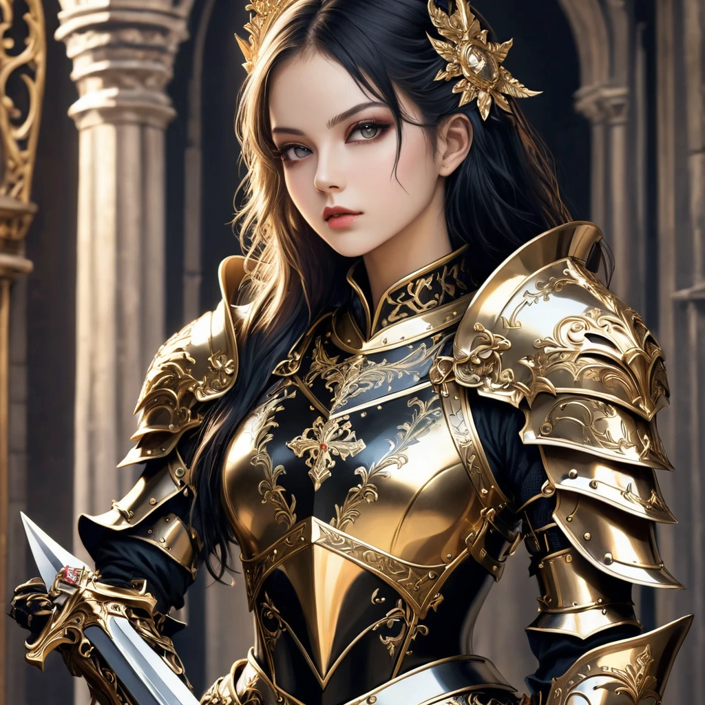 a close up of a woman in armor with a sword, stunning armor, wearing fantasy armor, very stylish fantasy armor, gold heavy armor. dramatic, beautiful armor, fantasy armor, black and gold armor, gothic armor, wearing ornate armor, intricate armour costumes, female armor, ornate gothic armor, ornate , wearing louis vuitton armor, girl in knight armor