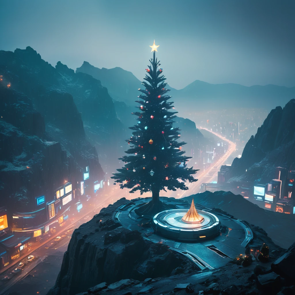 abstract colors, texture, film grain, skin pores:0.2 (tilt shift photography)1.2, intricate dramatic portrait of a beautiful (windblown)1.2 scifi steampunk (medieval fantasy magical christmas tree)1.2 on top of a rocky mountain overlooking a futuristic (solarpunk)1.2 city, foggy morning, cinematic movie still frame, blade runner 2049, punk hair style, altered carbon, (analog style)1.3 (film grain)1.3, (best quality, high quality, absurdres, intricate detail, masterpiece, cinematic), highly detailed, motion blur, film grain, noise, lens effects,