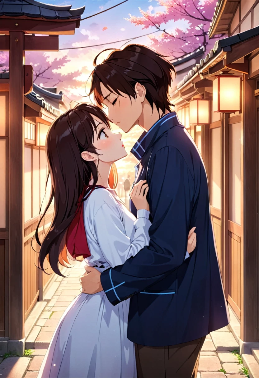 1 couple kissing intimately, romantic couple kissing tenderly, two lovers kissing passionately, embracing couple kissing softly, young couple kissing cutely, intimate kiss between romantic partners, tender kiss between lovers, passionate kiss between two people, lovers' kiss, romantic kiss, intimate kiss, tender kiss, soft kiss, cute kiss, kyoto animation style, anime style, anime screenshot, anime scene, highly detailed, high resolution, 8k, photorealistic, masterpiece, cinematic lighting, warm color palette, vibrant colors