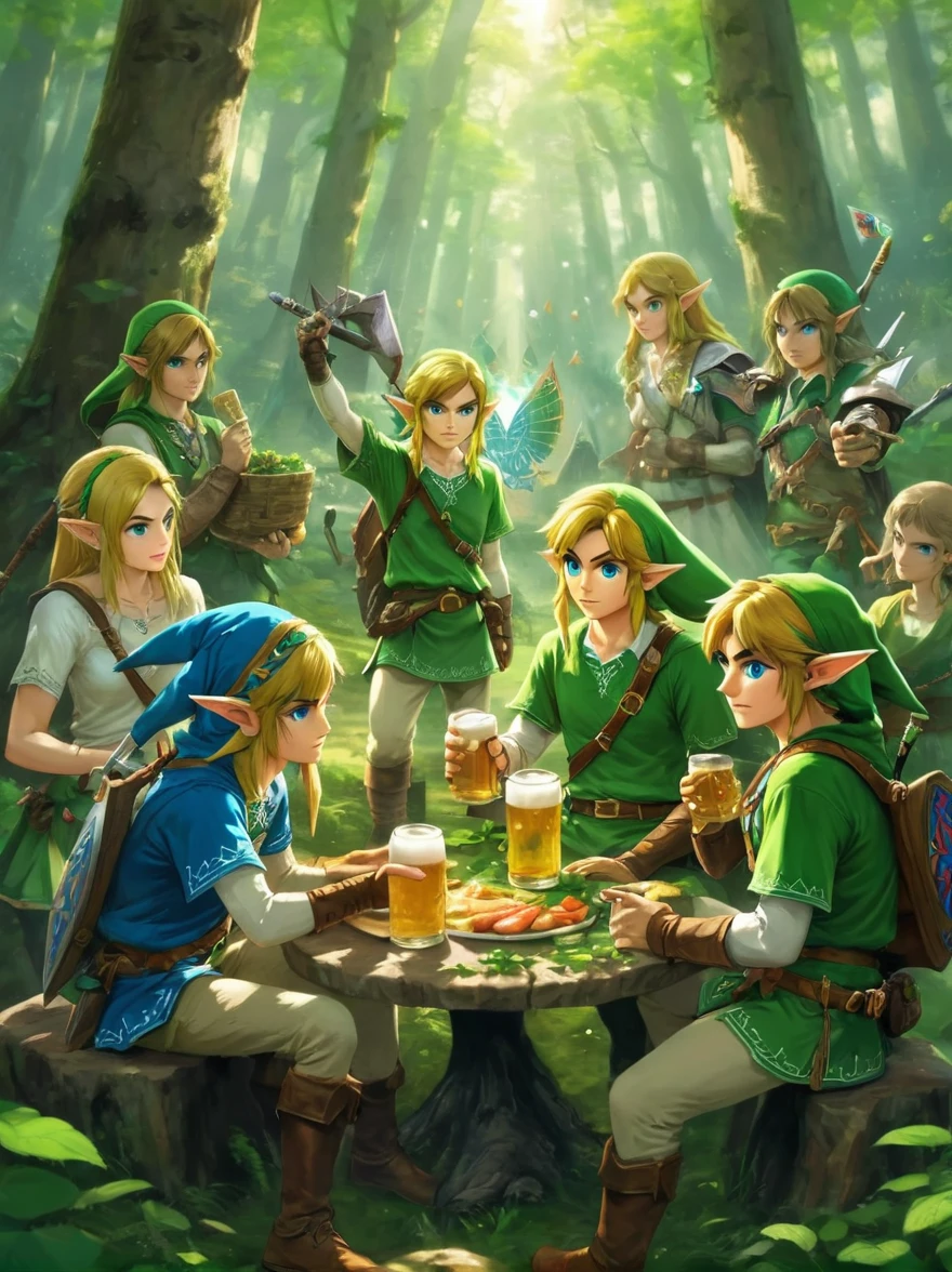 Still image in realistic art style，(link:1.5)，The Triforce of the Gods, The Legend of Zelda Characters，link手捧天空之剑，Gathering in an ancient forest，There is food and drinks and beer，Celebrate St. Patrick&#39;s Day，(Shamrock)，Perfect hands，Shooting from above，at night，Shallow depth of field，Vignette，Highly detailed，High Budget，Bokeh，Widescreen，epic，gorgeous，Film Grain，Graininess, tphrlnk