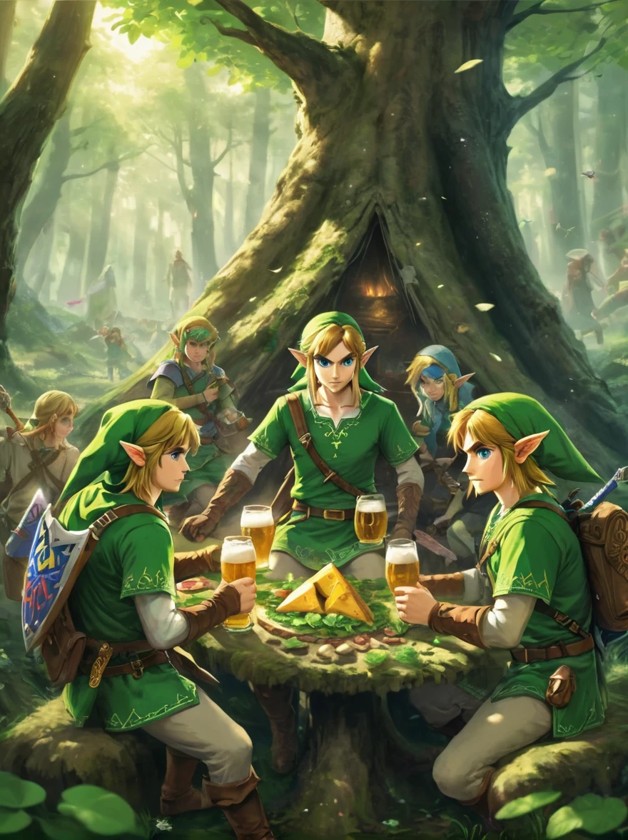 Still image in realistic art style，(link:1.5)，The Triforce of the Gods, The Legend of Zelda Characters，link手捧天空之剑，Gathering in an ancient forest，There is food and drinks and beer，Celebrate St. Patrick&#39;s Day，(Shamrock)，Perfect hands，Shooting from above，at night，Shallow depth of field，Vignette，Highly detailed，High Budget，Bokeh，Widescreen，epic，gorgeous，Film Grain，Graininess, tphrlnk