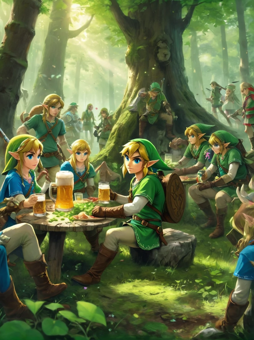 Still image in realistic art style，(link:1.5)，The Triforce of the Gods, The Legend of Zelda Characters，link手捧天空之剑，Gathering in an ancient forest，There is food and drinks and beer，Celebrate St. Patrick&#39;s Day，(Shamrock)，Perfect hands，Shooting from above，at night，Shallow depth of field，Vignette，Highly detailed，High Budget，Bokeh，Widescreen，epic，gorgeous，Film Grain，Graininess, tphrlnk