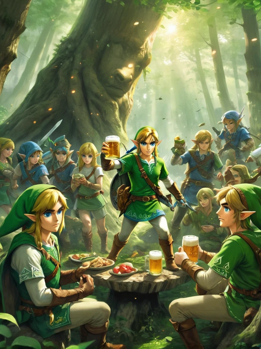 Still image in realistic art style，(link:1.5)，The Triforce of the Gods, The Legend of Zelda Characters，link手捧天空之剑，Gathering in an ancient forest，There is food and drinks and beer，Celebrate St. Patrick&#39;s Day，(Shamrock)，Perfect hands，Shooting from above，at night，Shallow depth of field，Vignette，Highly detailed，High Budget，Bokeh，Widescreen，epic，gorgeous，Film Grain，Graininess, tphrlnk