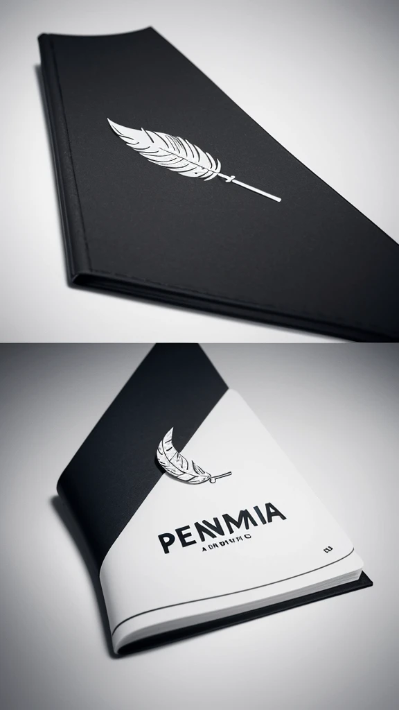 A minimal, modern, simple, cinematic logotype for the brand “Penamemoria". The logotype must be a simple, magical feather and a boy playing acoustic guitar. The logo must convey a sense of music, stories and dreams. Logo design impressed on a book cover. Minimalistic logo